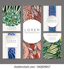 Set of vector design templates. Brochures in random colorful style. Vintage frames and backgrounds. Zentangle designs.