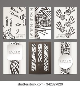 Set of vector design templates. Brochures in random colorful style. Vintage frames and backgrounds. Zentangle designs.