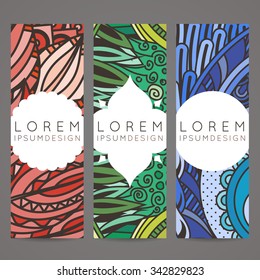 Set of vector design templates. Brochures in random colorful style. Vintage frames and backgrounds. Zentangle designs.