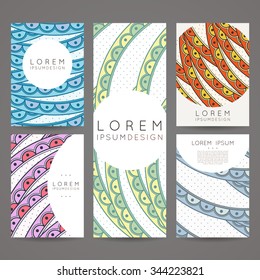 Set of vector design templates. Brochures in random colorful style. Vintage frames and backgrounds. Zentangle designs.