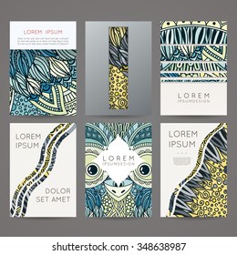 Set of vector design templates. Brochures in random colorful style. Vintage frames and backgrounds. Zentangle designs.