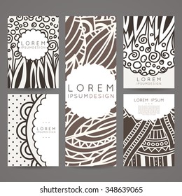 Set of vector design templates. Brochures in random colorful style. Vintage frames and backgrounds. Zentangle designs.