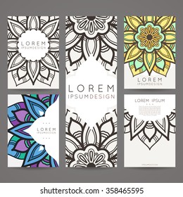 Set of vector design templates. Brochures in random colorful style. Vintage frames and backgrounds. Business card with floral circle ornament. Mandala style.
