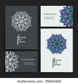 Set of vector design templates. Brochures in random colorful style. Vintage frames and backgrounds. Business card with floral circle ornament. Mandala style.