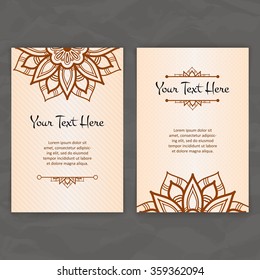 Set of vector design templates. Brochures in random colorful style. Vintage frames and backgrounds. Business card with floral circle ornament. Mandala style.