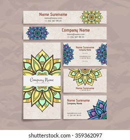 Set of vector design templates. Brochures in random colorful style. Vintage frames and backgrounds. Business card with floral circle ornament. Mandala style.