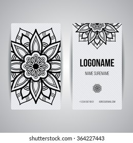 Set of vector design templates. Brochures in random colorful style. Vintage frames and backgrounds. Business card with floral circle ornament. Mandala style.
