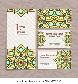 Set of vector design templates. Brochures in random colorful style. Vintage frames and backgrounds. Business card with floral circle ornament. Mandala style.