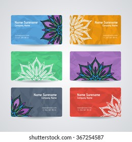 Set of vector design templates. Brochures in random colorful style. Vintage frames and backgrounds. Business card with floral circle ornament. Mandala style.