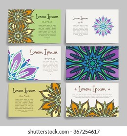 Set of vector design templates. Brochures in random colorful style. Vintage frames and backgrounds. Business card with floral circle ornament. Mandala style.