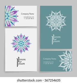 Set of vector design templates. Brochures in random colorful style. Vintage frames and backgrounds. Business card with floral circle ornament. Mandala style.