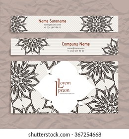 Set of vector design templates. Brochures in random colorful style. Vintage frames and backgrounds. Business card with floral circle ornament. Mandala style.
