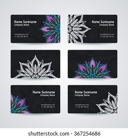 Set of vector design templates. Brochures in random colorful style. Vintage frames and backgrounds. Business card with floral circle ornament. Mandala style.