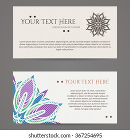 Set of vector design templates. Brochures in random colorful style. Vintage frames and backgrounds. Business card with floral circle ornament. Mandala style.
