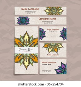 Set of vector design templates. Brochures in random colorful style. Vintage frames and backgrounds. Business card with floral circle ornament. Mandala style.