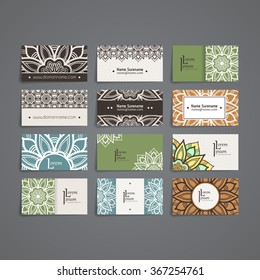 Set of vector design templates. Brochures in random colorful style. Vintage frames and backgrounds. Business card with floral circle ornament. Mandala style.