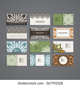 Set of vector design templates. Brochures in random colorful style. Vintage frames and backgrounds. Business card with floral circle ornament. Mandala style.