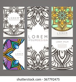 Set of vector design templates. Brochures in random colorful style. Vintage frames and backgrounds. Business card with floral circle ornament. Mandala style.