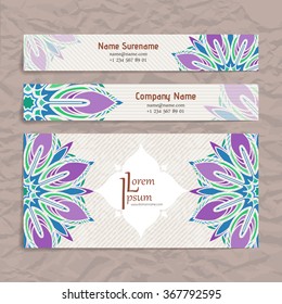 Set of vector design templates. Brochures in random colorful style. Vintage frames and backgrounds. Business card with floral circle ornament. Mandala style.
