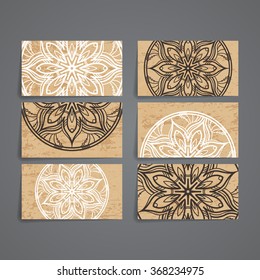 Set of vector design templates. Brochures in random colorful style. Vintage frames and backgrounds. Business card with floral circle ornament. Mandala style.