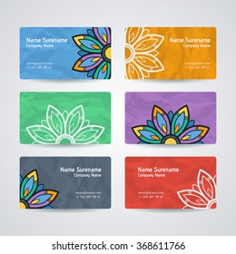 Set of vector design templates. Brochures in random colorful style. Vintage frames and backgrounds. Business card with floral circle ornament. Mandala style.