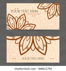 Set of vector design templates. Brochures in random colorful style. Vintage frames and backgrounds. Business card with floral circle ornament. Mandala style.