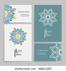 Set of vector design templates. Brochures in random colorful style. Vintage frames and backgrounds. Business card with floral circle ornament. Mandala style.