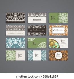 Set of vector design templates. Brochures in random colorful style. Vintage frames and backgrounds. Business card with floral circle ornament. Mandala style.