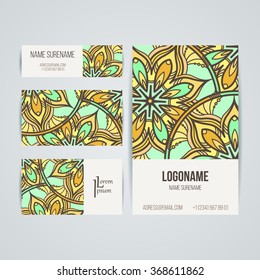 Set of vector design templates. Brochures in random colorful style. Vintage frames and backgrounds. Business card with floral circle ornament. Mandala style.