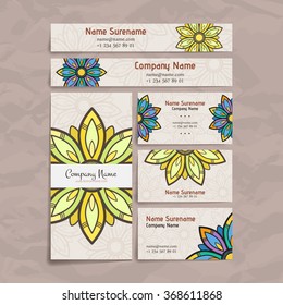 Set of vector design templates. Brochures in random colorful style. Vintage frames and backgrounds. Business card with floral circle ornament. Mandala style.