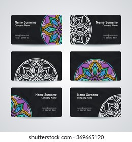 Set of vector design templates. Brochures in random colorful style. Vintage frames and backgrounds. Business card with floral circle ornament. Mandala style.