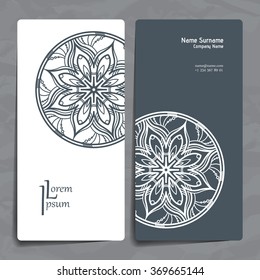 Set of vector design templates. Brochures in random colorful style. Vintage frames and backgrounds. Business card with floral circle ornament. Mandala style.