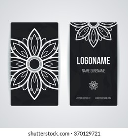 Set of vector design templates. Brochures in random colorful style. Vintage frames and backgrounds. Business card with floral circle ornament. Mandala style.