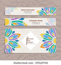 Set of vector design templates. Brochures in random colorful style. Vintage frames and backgrounds. Business card with floral circle ornament. Mandala style.
