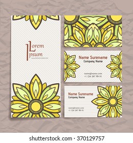 Set of vector design templates. Brochures in random colorful style. Vintage frames and backgrounds. Business card with floral circle ornament. Mandala style.