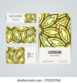 Set of vector design templates. Brochures in random colorful style. Vintage frames and backgrounds. Business card with floral circle ornament. Mandala style.