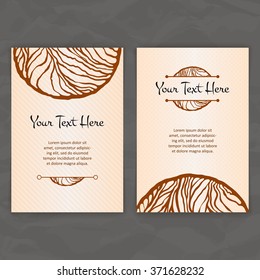 Set of vector design templates. Brochures in random colorful style. Vintage frames and backgrounds. Business card with abstract circle ornament.