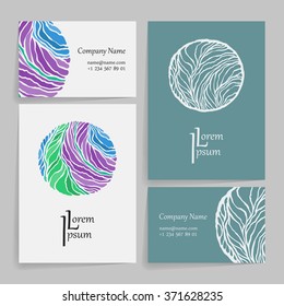 Set of vector design templates. Brochures in random colorful style. Vintage frames and backgrounds. Business card with abstract circle ornament.