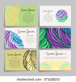 Set of vector design templates. Brochures in random colorful style. Vintage frames and backgrounds. Business card with abstract circle ornament.