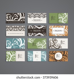 Set of vector design templates. Brochures in random colorful style. Vintage frames and backgrounds. Business card with floral ornament. Vintage style.