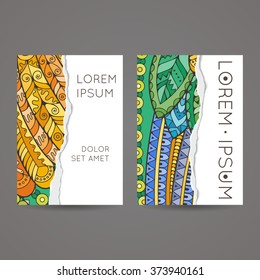 Set of vector design templates. Brochures in random colorful style. Frames and backgrounds. Zentangle designs.