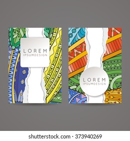 Set of vector design templates. Brochures in random colorful style. Frames and backgrounds. Zentangle designs.