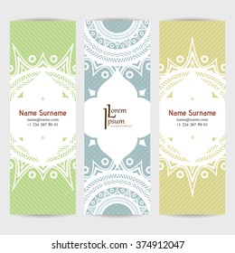 Set of vector design templates. Brochures in random colorful style. Vintage frames and backgrounds. Business card with floral circle ornament. Mandala style.