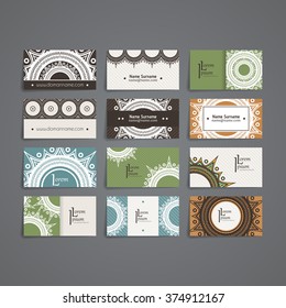Set of vector design templates. Brochures in random colorful style. Vintage frames and backgrounds. Business card with floral circle ornament. Mandala style.