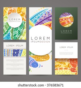 Set of vector design templates. Brochures in random colorful style. Frames and backgrounds. Zentangle designs.