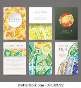 Set of vector design templates. Brochures in random colorful style. Frames and backgrounds. Zentangle designs.