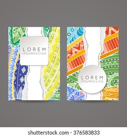 Set of vector design templates. Brochures in random colorful style. Frames and backgrounds. Zentangle designs.