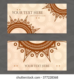 Set of vector design templates. Brochures in random colorful style. Vintage frames and backgrounds. Business card with floral circle ornament. Mandala style.