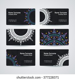 Set of vector design templates. Brochures in random colorful style. Vintage frames and backgrounds. Business card with floral circle ornament. Mandala style.