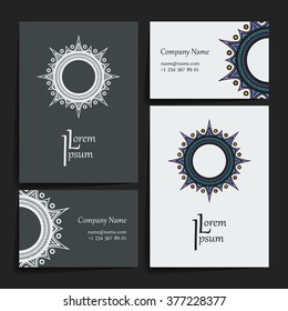 Set of vector design templates. Brochures in random colorful style. Vintage frames and backgrounds. Business card with floral circle ornament. Mandala style.